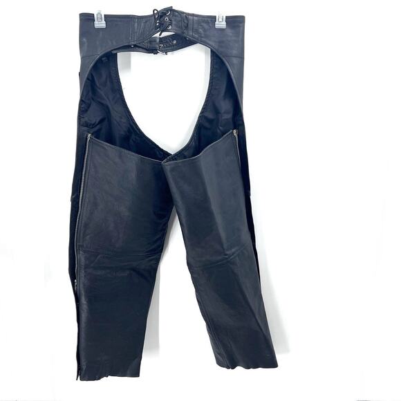 Vintage Zip & Snap Leg Black Genuine Leather Motorcycle Chaps USA Mens XXL - Picture 6 of 9